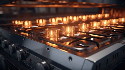 A close-up view of a stove with candles placed on top. This image can be used to create a cozy and warm atmosphere in various settings