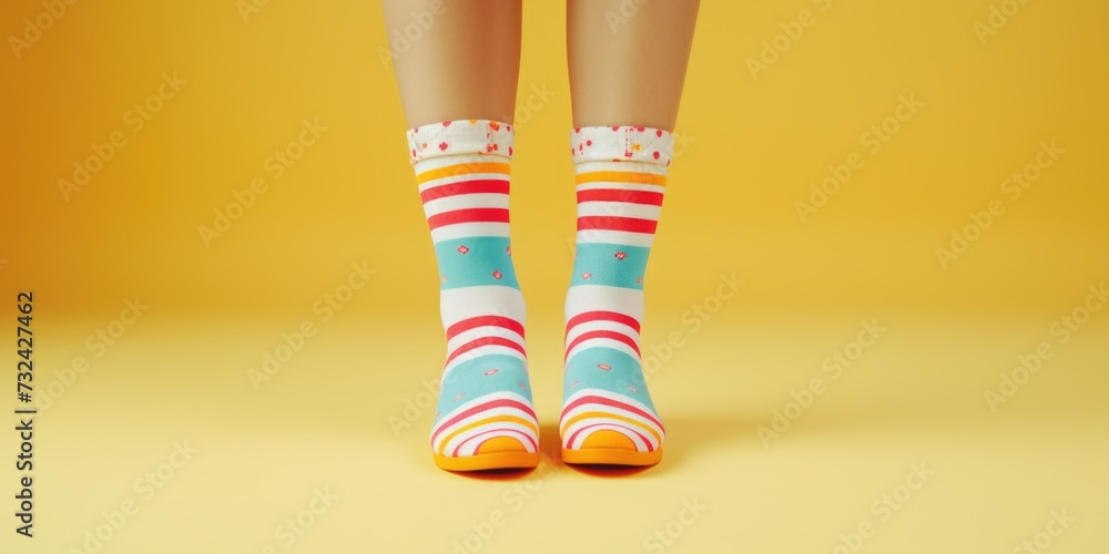 Poster a close-up view of a person's legs wearing vibrant and eye-catching socks. these socks are perfect f