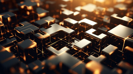 Fototapeta premium Abstract concept of 3D metallic cubes with a golden glow, forming a futuristic and complex structure that conveys innovation and technology.Technological background concept.AI generated.