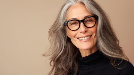 Woman with gray hair wearing black glasses smiling and dressed in a black turtleneck.