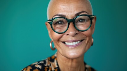 Smiling woman with bald head wearing glasses and earrings against teal background.