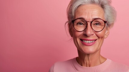 Smiling woman with gray hair and glasses wearing pink sweater against pink background.