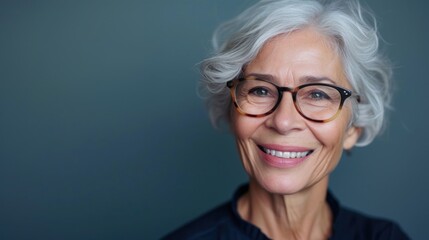 Smiling woman with gray hair and glasses against a blue background.