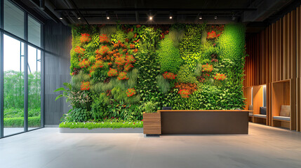 Fototapeta na wymiar Building lobby featuring a large green wall and reception desk