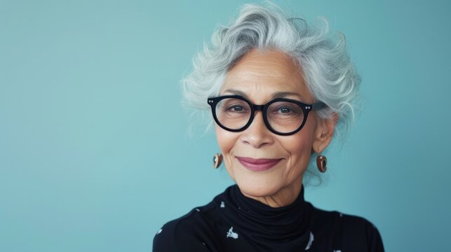 Elegant woman with silver hair wearing oversized black glasses a black turtleneck and gold earrings smiling against a light blue background.