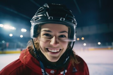 A woman wearing a hockey helmet and goggles. Perfect for sports enthusiasts and athletes