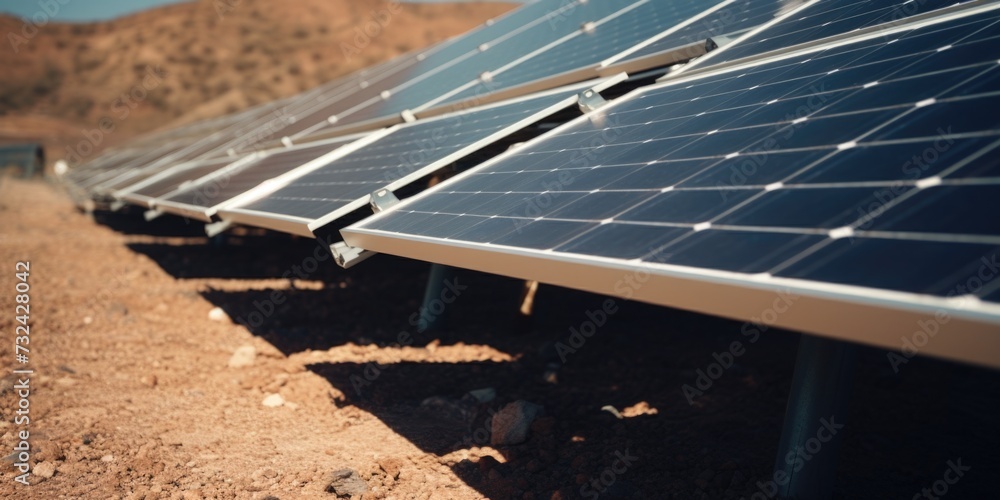 Poster a row of solar panels in the desert, ideal for renewable energy concepts. can be used for environmen