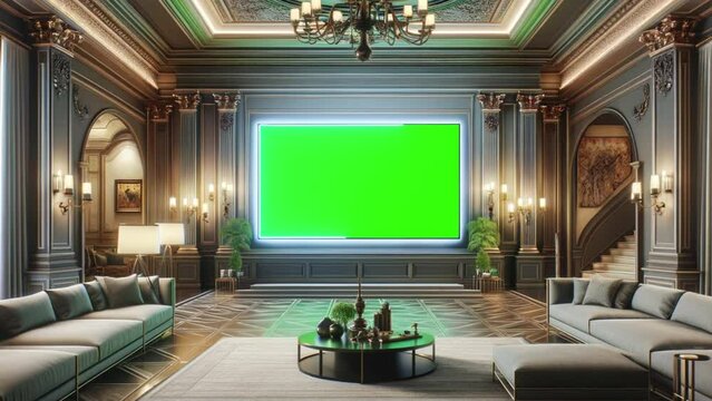 Green screen TV in the background of a stylish living room.
