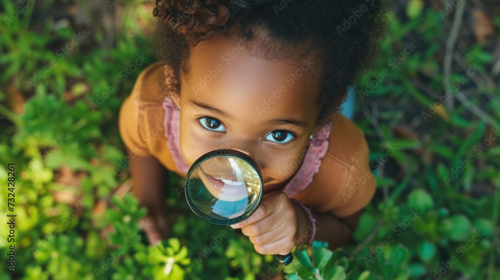 Canvas Prints Young child with curious eyes peering through a magnifying glass in a lush green field.