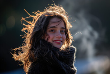 smiling girl enjoying sun in snow