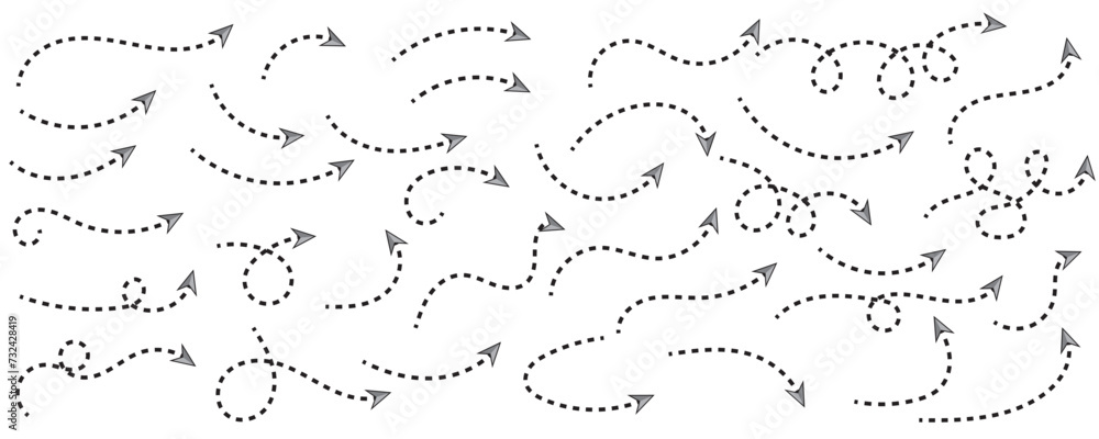 Poster curved dotted arrow. zigzag arrow stripes design with dotted lines. pointers to the wire, up, down. 