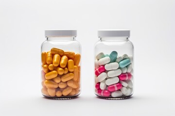 Glass jars filled with different colored pills. Suitable for medical and pharmaceutical concepts