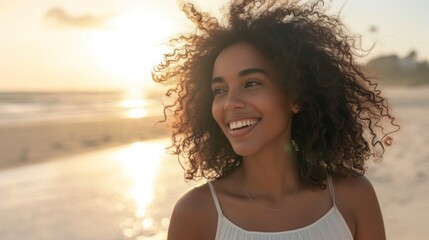 A joyful woman with curly hair wearing a white top smiling at the camera on a beach with a sunset in the background.