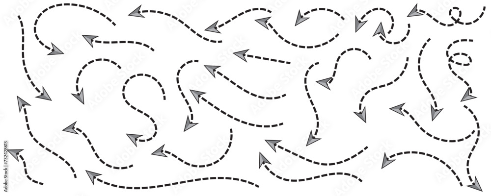 Poster curved dotted arrow. zigzag arrow stripes design with dotted lines. pointers to the wire, up, down. 