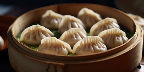 A wooden container filled with dumplings sitting on top of a table. Great for food and cooking related projects