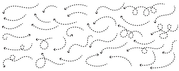 Curved dotted arrow. Zigzag arrow stripes design with dotted lines. Pointers to the wire, up, down. Curved line. Vector illustration.