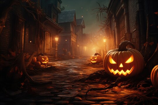A spooky dark alley with carved pumpkins on the pavement. Perfect for Halloween-themed projects or horror-related designs