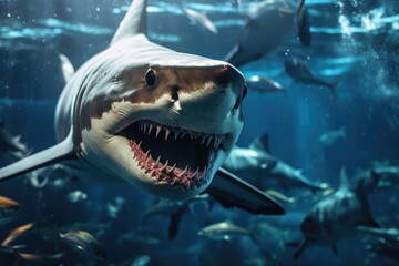 A close-up view of a shark with its mouth wide open. This image can be used to depict the fierce and powerful nature of sharks in various projects