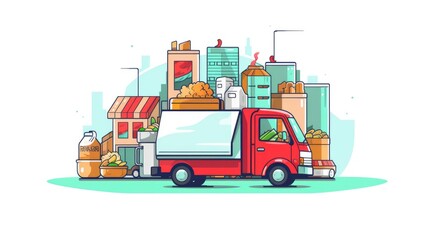 A delivery truck carrying a large amount of food. This image can be used to depict food delivery services or transportation of goods