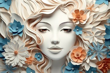 Close up of a woman's face with paper flowers surrounding her. Perfect for artistic projects or floral-themed designs