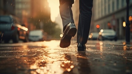A person walking in the rain on a city street. This image can be used to depict urban life or rainy weather - obrazy, fototapety, plakaty