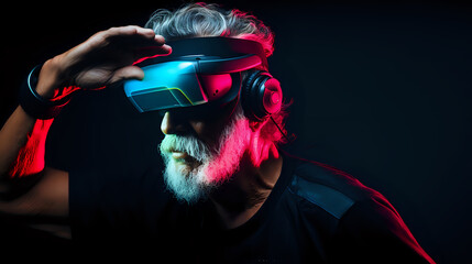 Fototapeta na wymiar Futuristic Elderly Man Experiencing Virtual Reality. A senior man with stylish grey hair is immersed in a VR world, showcasing the timeless appeal of new technology and its reach across 