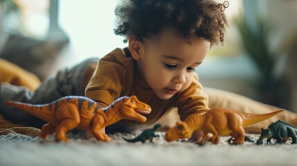A young child with curly hair wearing dinosaur-themed pajamas holding a toy dinosaur 