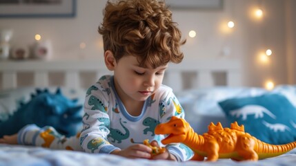 Young child with curly hair wearing dinosaur-themed pajamas playing with an orange toy dinosaur on...