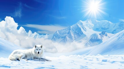 A white wolf lies during the day against the backdrop of snow-capped mountains