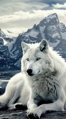 A white wolf lies during the day against the backdrop of snow-capped mountains