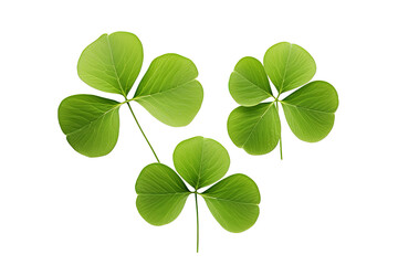 Shamrocks clover leaves St. Patrick's Day celebrating, Set clover shamrock and green clover leaf quatrefoil lucky, isolated on a Transparent background. Generative AI  