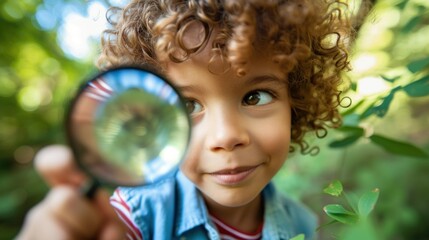 A young child with curly hair wearing a blue shirt holding a magnifying glass and looking intently into it surrounded by green foliage.
