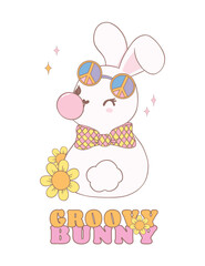 Cute Happy Groovy Easter bunny Playful cartoon doodle animal hand drawing.