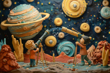 Sculpted clay observers studying the rings of a planet. Detailed claymation scene of space observation. Astronomy education and creativity concept