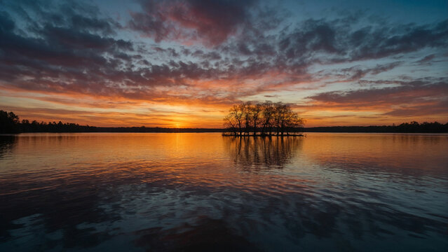 Beauty of a sunset over a still lake with the silhouette of trees framing the horizon and their branches reaching towards the vibrant hues of the fading sun