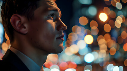 Close up of a young successful Caucasian business man looking at the night city with professional cinematic light. Neural network generated image. Not based on any actual person or scene.