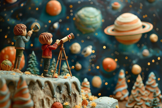 Handmade clay children with telescope on a wintry planet. Claymation scene of space exploration in a winter setting. Educational space adventure concept. Design for children's science education