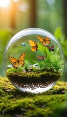 Close-up growing beautiful forest in glass ball and flying butterflies in nature outdoors. Spring season concept