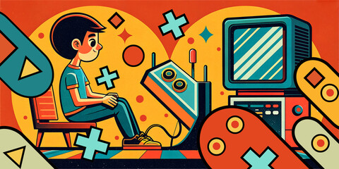 Boys sitting on vintage retro gamepad cabinets and retro style orange background. 90s Games, Retro, Gaming, Video Game Competitions, Website, Game Industry, Illustration
