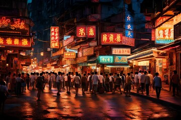  A bustling city street illuminated by the glow of neon signs and bustling with activity even in the late hours.