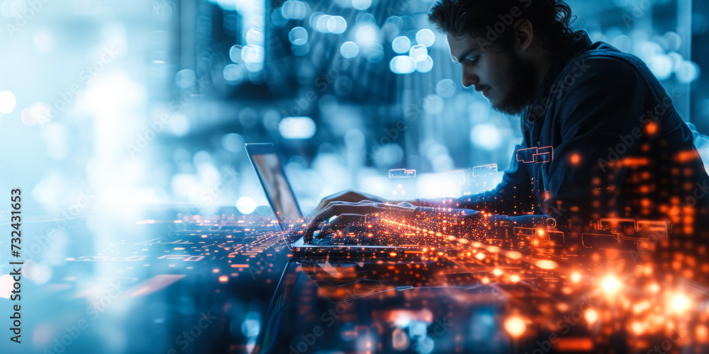 Poster network engineer in a blurred office setting, working on a laptop with a futuristic interface displa