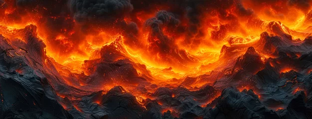 Papier Peint photo Brun Intense volcanic landscape with molten lava flows and rugged black terrain, depicting nature's fury and raw energy in a panoramic dark fiery setting