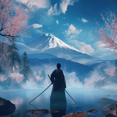 A man doing Kendo sports practice alone in a stunning background area with the atmospheric mountain beauty of cherry blossoms in winter. Great for sports, nature, web etc concepts. Generative Ai
