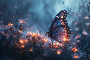 Glowing Butterfly in a Flower Garden Generative AI - obrazy, fototapety, plakaty