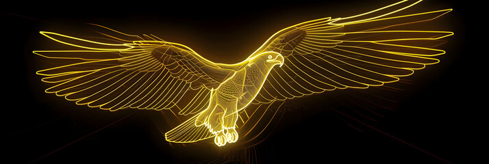 Soaring eagle in electric yellow neon wireframe isotated on black background Created with generative AI.