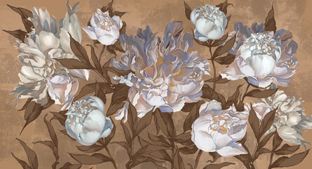Large peony buds painted on a textured brown background, harmonious colors, photo wallpaper for the interior.