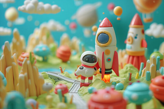 Claymation rocket launch on a sculpted alien landscape with orange mountains. Space exploration and adventure concept for poster design. Studio scene with copy space