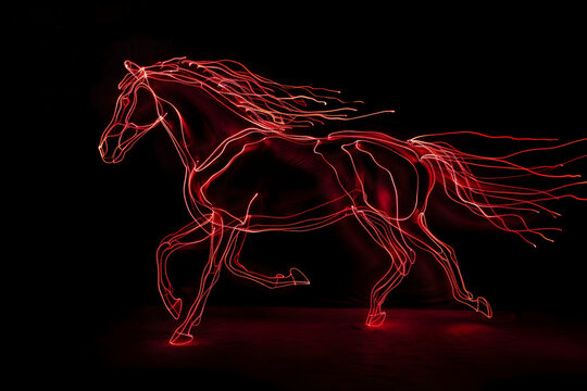 Galloping horse in vibrant red neon outline isotated on black background Created with generative AI.