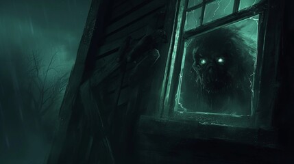 Terrifying Ghoul Peering Through a Misty Window in a Haunted House