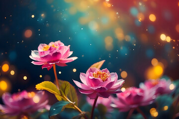 Pink flowers background with bokeh and copy space, generative AI - obrazy, fototapety, plakaty